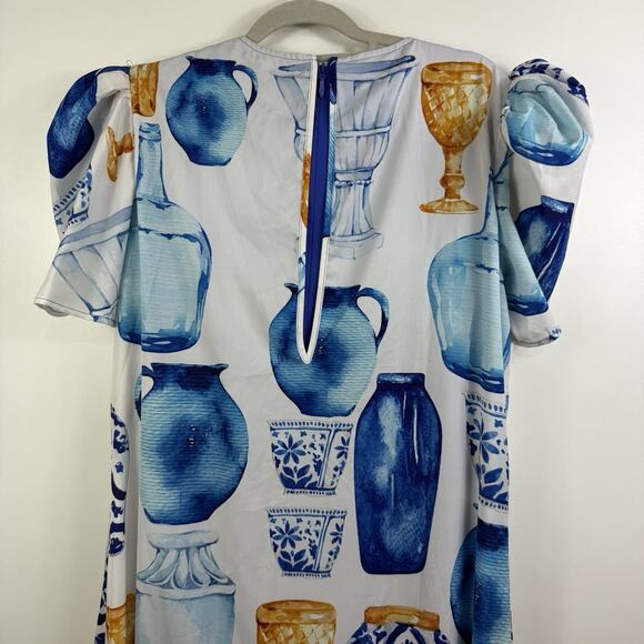 Sassy Jones New Zena Layered Cape Jumpsuit Small Blue Vase Print Puff Sleeve - Picture 12 of 16